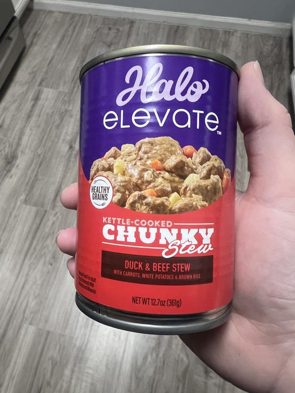 Halo Elevate Kettle Cooked Chunky Healthy Grains Duck & Beef Stew with Carrots, White Potatoes & Brown Rice Wet Dog Food, 12.7-oz can, case of 6