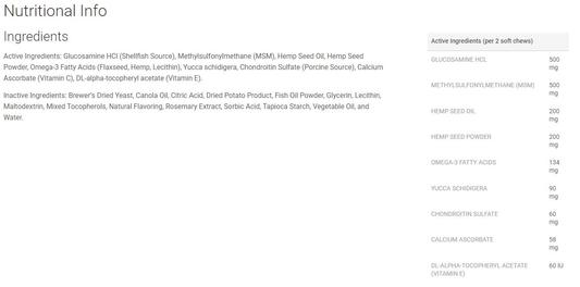 Ingredients for NaturVet Hemp Joint Health Plus Hemp Seed Soft Chews Supplement