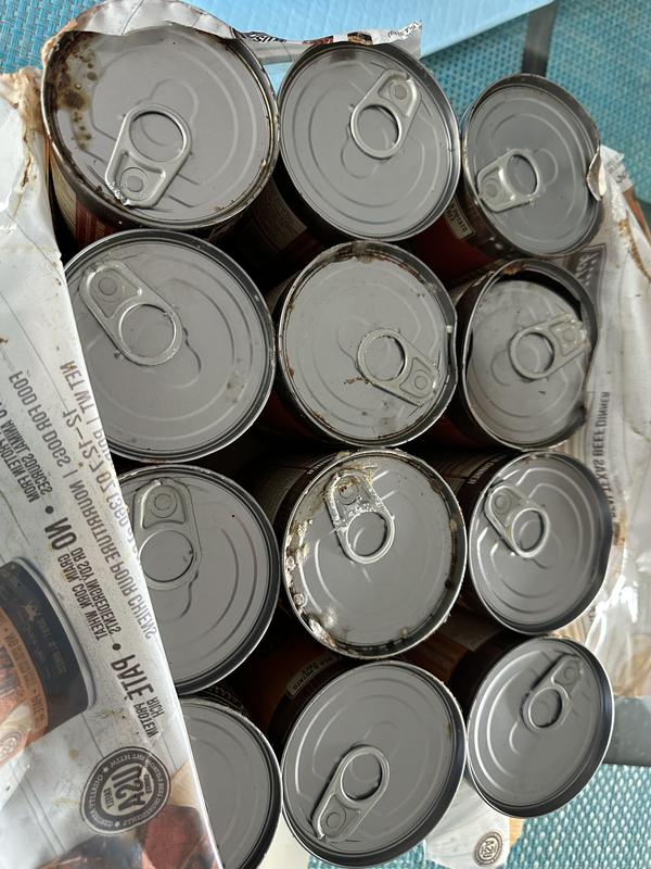 Dented, broken seals, and moldy.