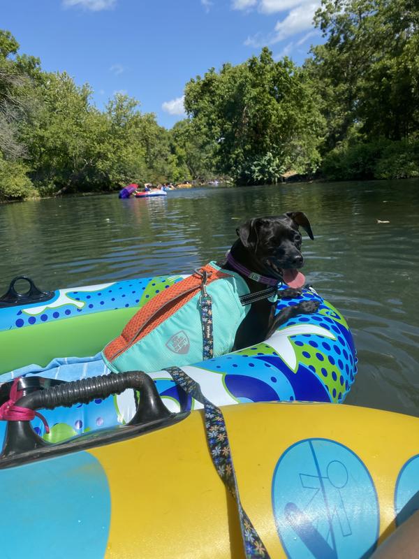 Lilo wearing her life jacket while floating on the river