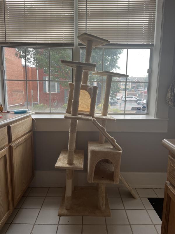 This cat tree is beautiful, very soft, and high quality. However, after assembling, it really leans to the side. Chewy gave me a full refund!