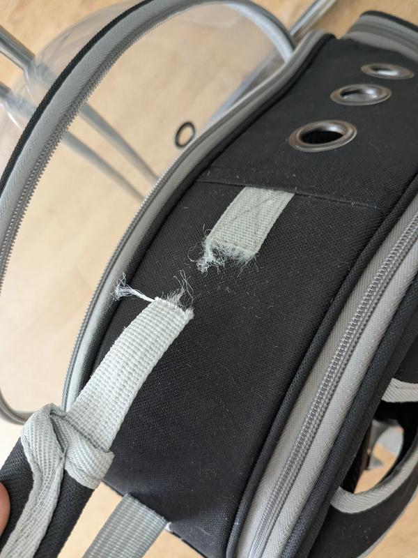 Top handle of backpack, with strap torn in two.