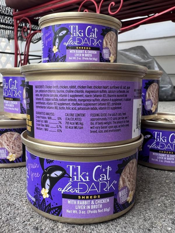 Front and back view of cans of Tiki Cat After Dark: Shreds With Rabbit and Chicken Liver in Broth