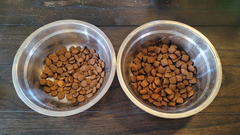 Kirkland dog food on left, Jiminy's on the right for size reference—and the Before photo.