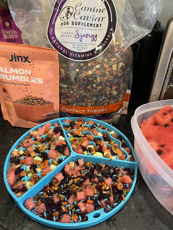 (Before freezing) Mixed with fresh fruit/veg and salmon topper, then water poured in throughout.