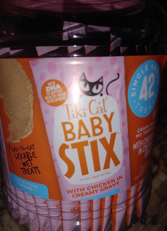 Tiki Cat Baby Stix in canister. They are chicken flavored in creamy chicken gravy.
