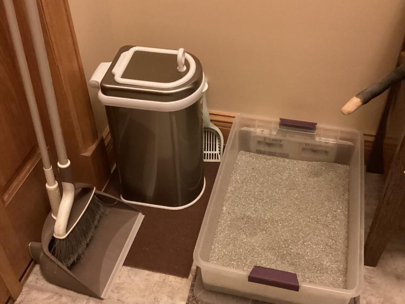 Ubbi next to one of the litter boxes at our home.