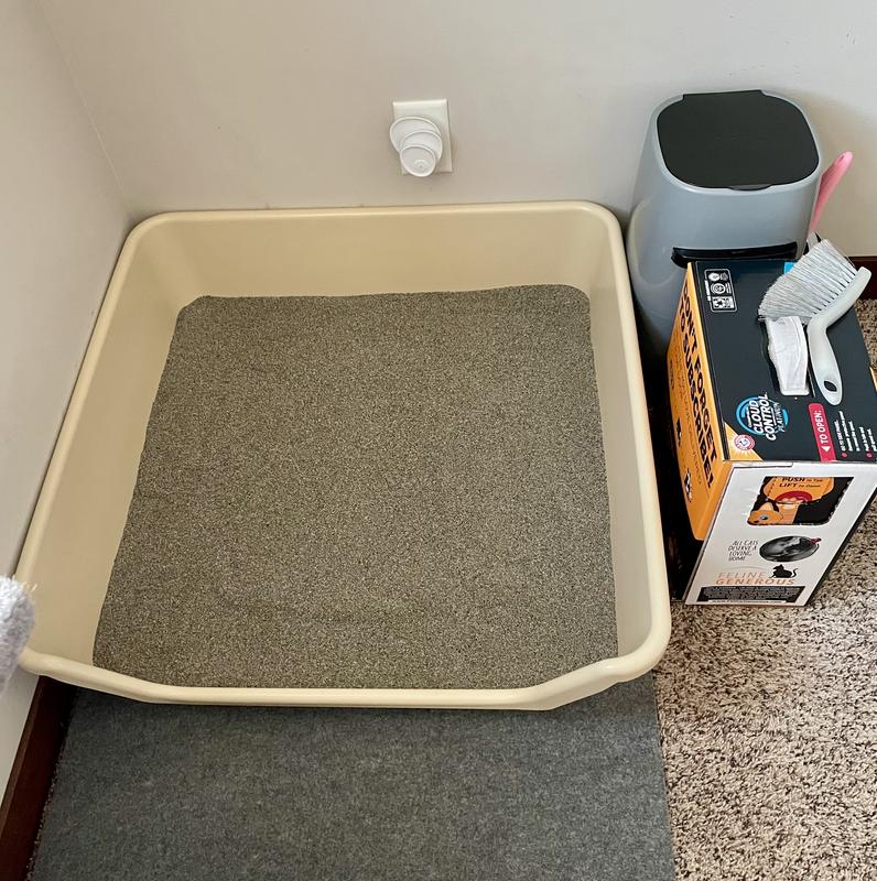 For size reference. Next to a litter genie plus and a 40lb box of ‘arm & hammer clump & seal’ litter