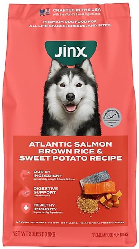 Jinx Atlantic Salmon Brown Rice and sweet potato is the best for healthy, happy dogs of all age stages.