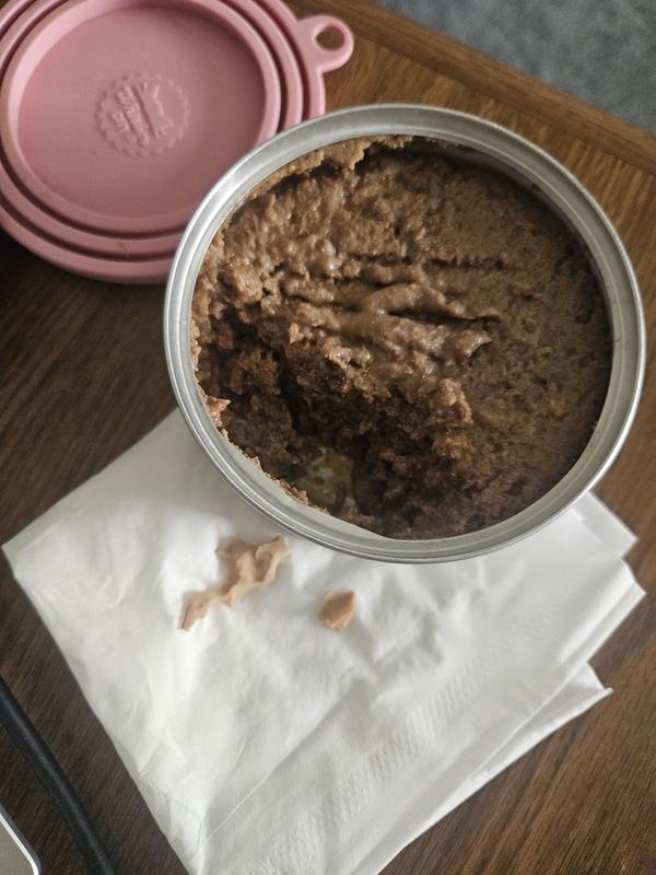 Unknow bits of food found in one forkful of food. I find this throughout the can, usually with each feeding.