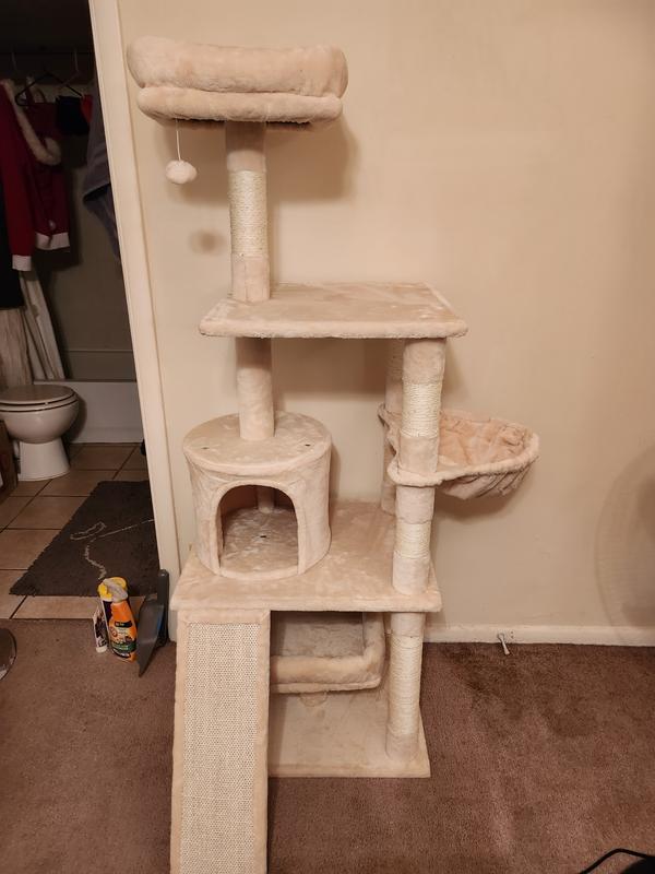 FRISCO 62in Faux Fur Cat Tree & Condo with Hammock, Cream