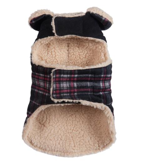 Discontinued - Fab Dog Wool Plaid Shearling Dog Coat, Black, 10-in 