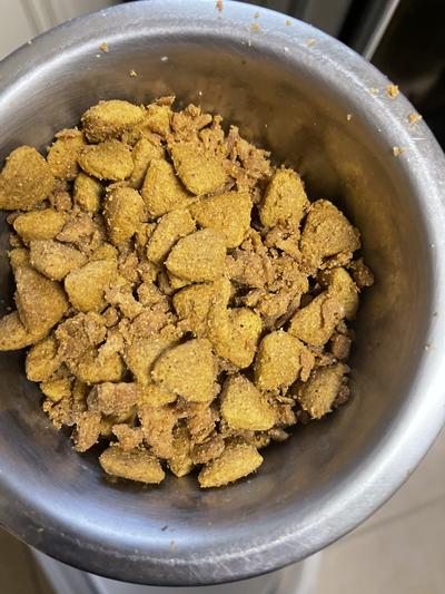 dog food, our large bag of dog food is filled with crumbs, crumbles, and dust.