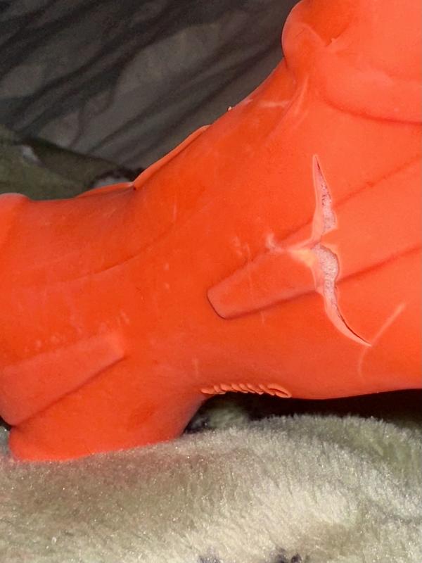 Torn through to the inside.