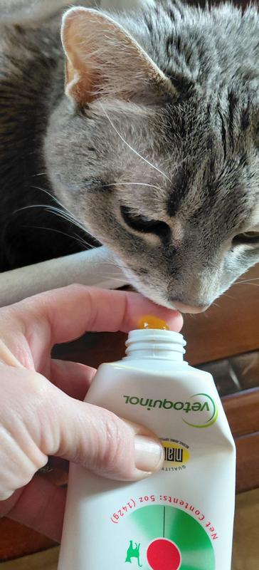 One cat will lick it off my finger and the other one will run if he sees the tube. Easy to put in their wet food.