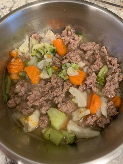 Cook for your pups- boiled lean ground beef and steamed veggies