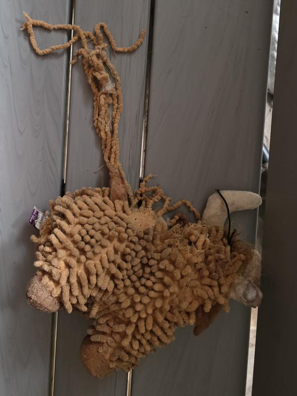 This shows the strings that were created by my dog chewing on the toy.