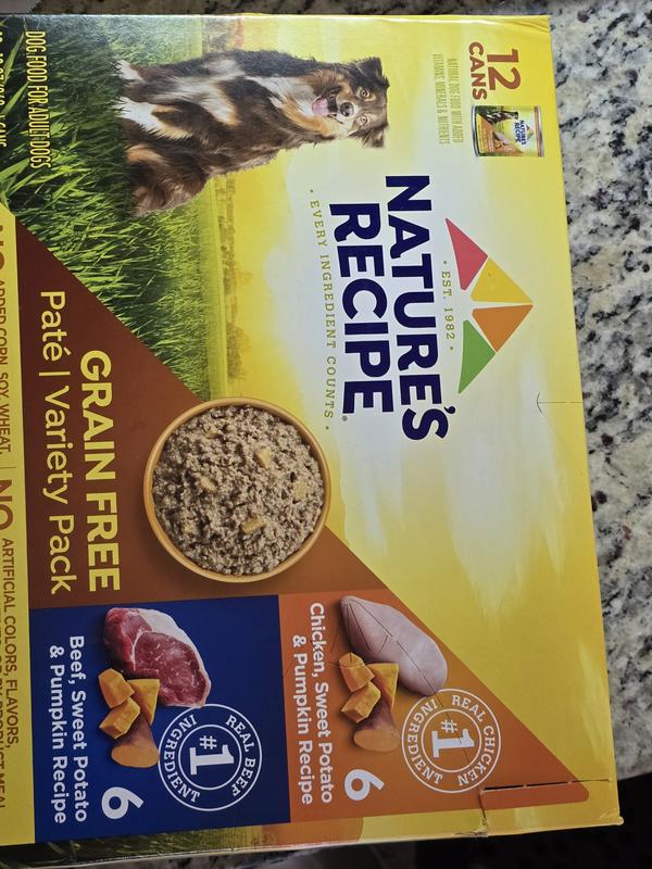 All three dogs love nature's recipe canned dog food.