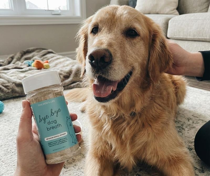 Our Elmo looking at Bye Bye Dog breath Dental Powder