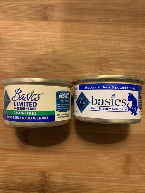 Blue basics duck outlet and potato cat food