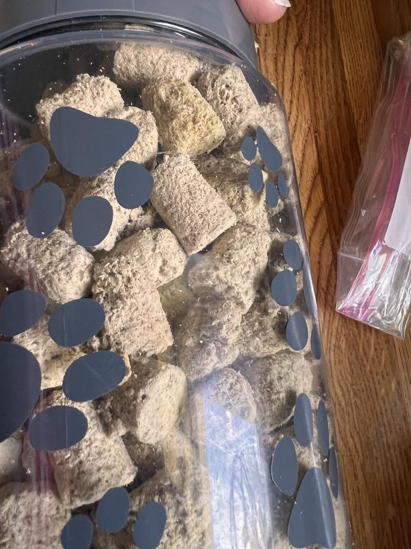 Freeze dried raw looking dry and crumbly. It falls apart into dust if you try to break in half - or if my dog is trying to eat it.