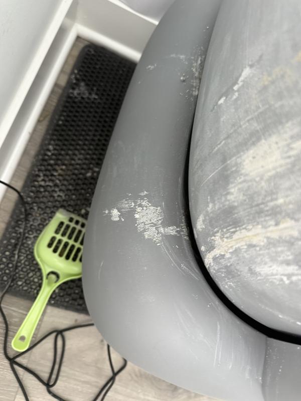 Dumps dirty litter onto floor behind litter box