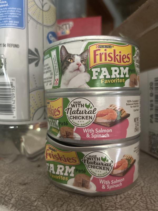 Out of Stock - FRISKIES Farm Favorites Chicken & Carrots & Salmon & Spinach  Pate Wet Cat Food Variety Pack, 5.5-oz can, case of 24 - Chewy.com