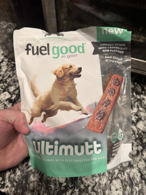 Photos of the front of the package and of my dog excited to try it