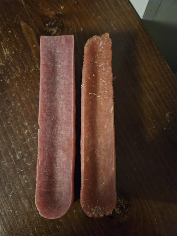 New on the left and on the right, after an hour of licking and chewing.