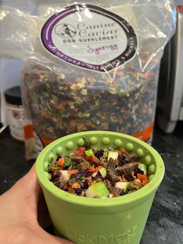 (Before freezing) Shown here mixed with fresh veg/fruit and air-dried lamb, in the lick-mat brand Yoggi cup!