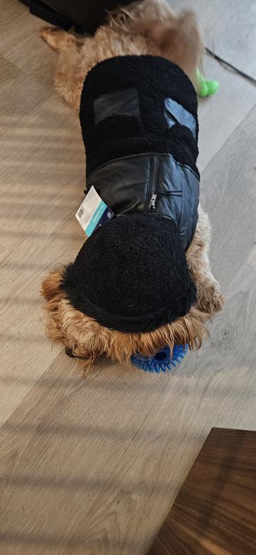 Frisco Medium Weight Faux Leather Dog & Cat Parka with Faux Fur Trimmed Hood, Black