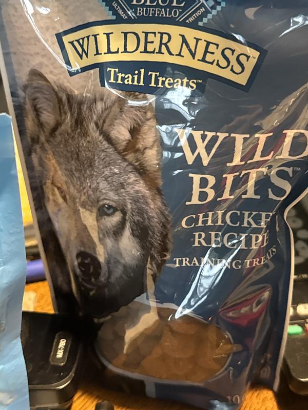 A bag of wild bits on my side table that I used for training my full grown French bulldog.  I have a French puppy as well, and I have separate smaller treats for her.