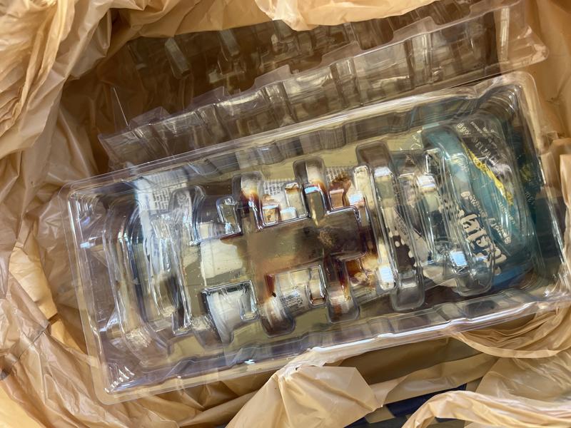 Ruptured containers with stinky rotten food everywhere. Even the box smelled terrible!