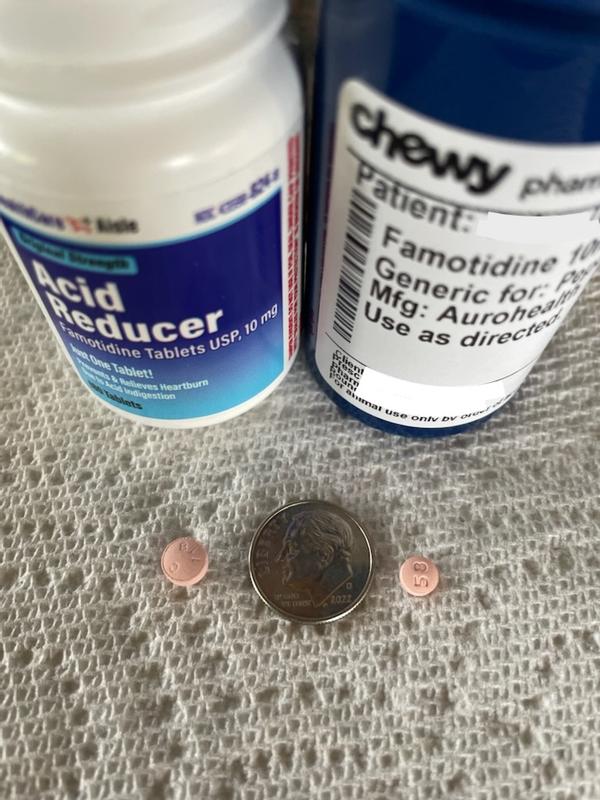 10mg Famotidine, next to a dime - Other generic, and Chewy's