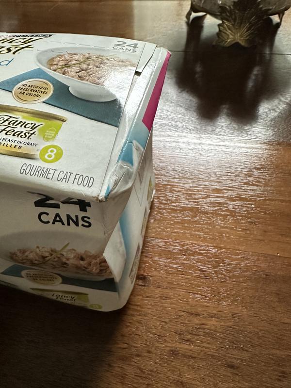 Fancy Feast Seafood Grilled damaged box. 7 cans were damaged
