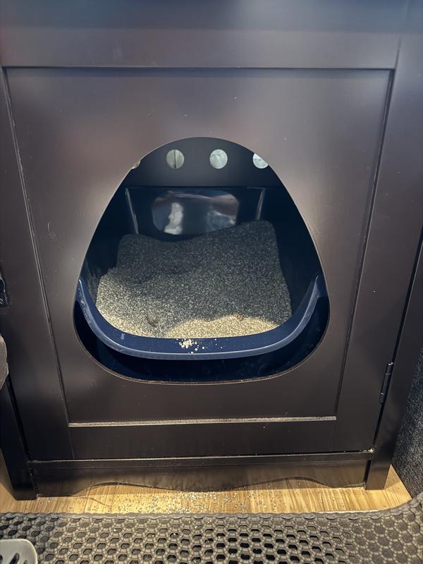 High sided litter box in cabinet.