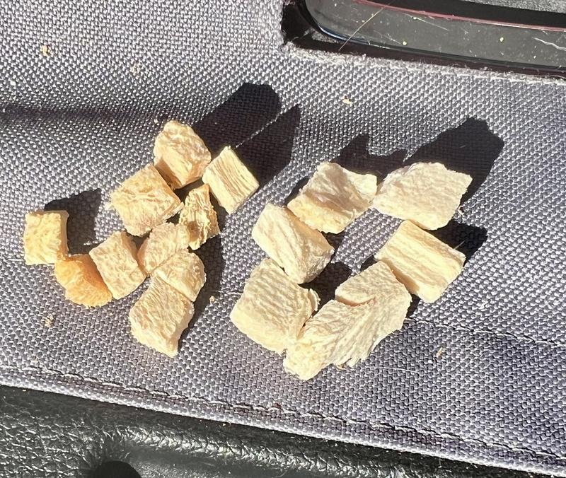 Supposed chicken heart next to chicken breast treats