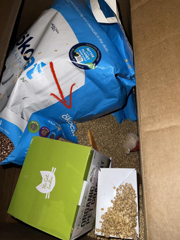 One of the 18lb bags was ripped open in the middle during transit and litter spilled everywhere. Could’ve been prevented with dividers or packing paper between items.