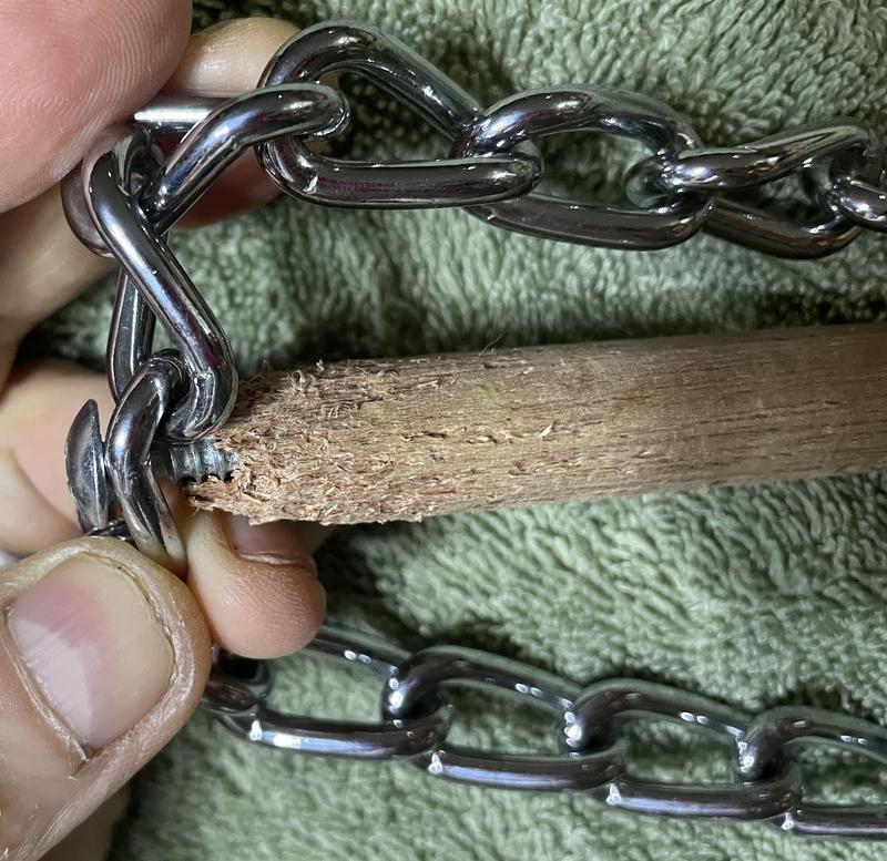 Chewed area showing screw.