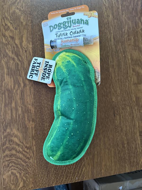 Doggijuana Tuffer Chewer Refillable Juananip Dill Pickle Tough Squeaky Dog Plush Toy