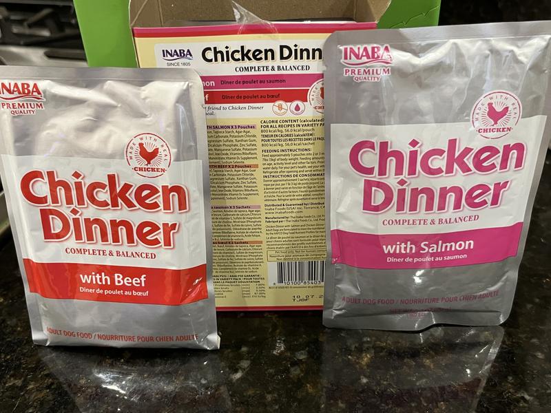 Chicken with beef and chicken with salmon.