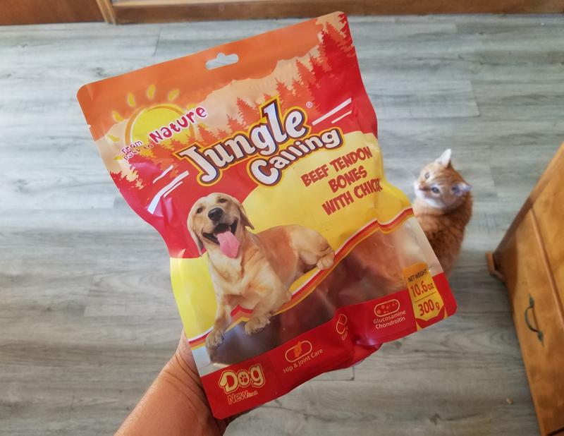 This is the bag of treats as I received it.  Mok Mok the 14 year old cat is being hopeful in the background, but alas Mok, this treat is not for you.  (Don't worry, she has her own treats.)