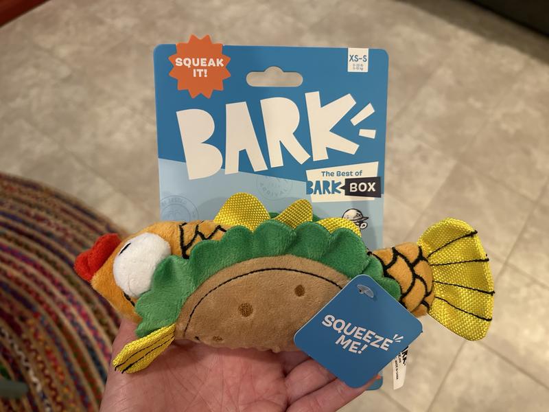 bark box fish taco BARK Fish Taco Squeaky Plush Dog Toy, Small