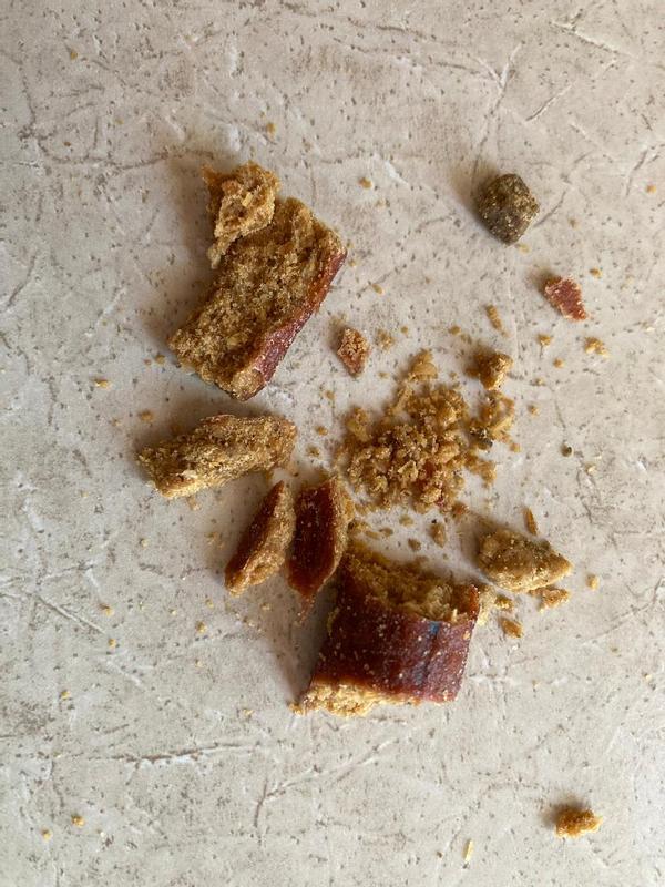 crumbles easily.   Hard to cut into pieces for training treats.