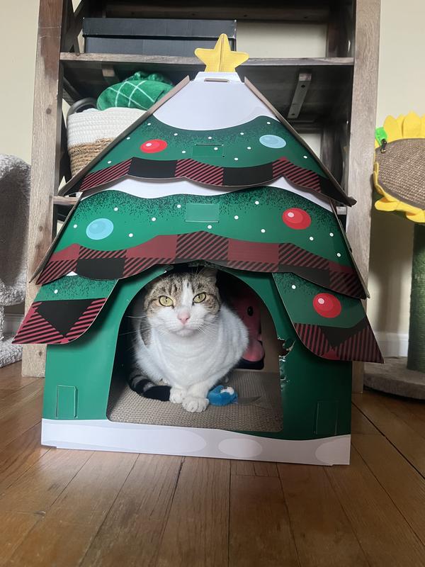 thumbnail image 2 of Christmas Cardboard Cat House For Indoor Cats With Scratcher Pad Xmas House Holiday Hideout Decorations 2 of 14