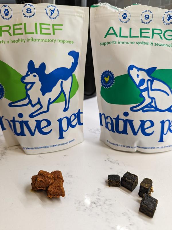 On the right is the allergy bites, similar to what the relief bites should look like according to the product photos.