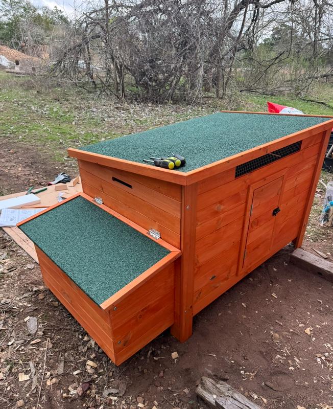 The finished product; very cute, but needing additional work/pieces from the hardware store before moving Leroy into it.