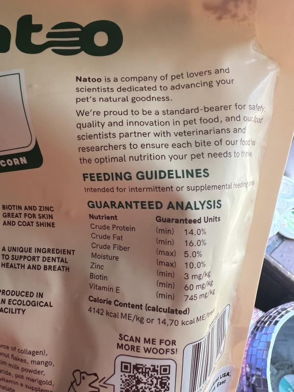 Back of product bag showing ingredients and nutritional info