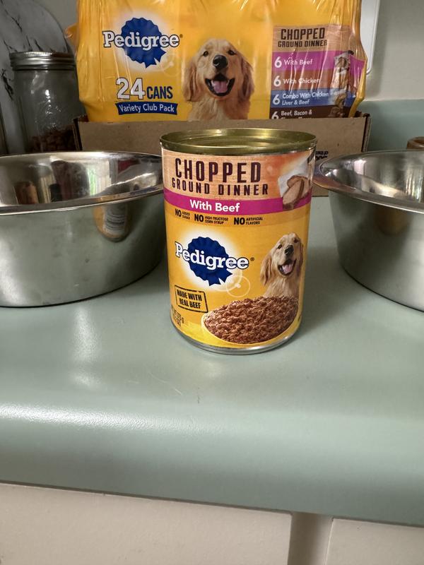Pedigree Chopped Ground Dinner Variety Pack Adult Chicken, Beef, Bacon & Liver Wet Dog Food, 13.2-oz can, case of 24