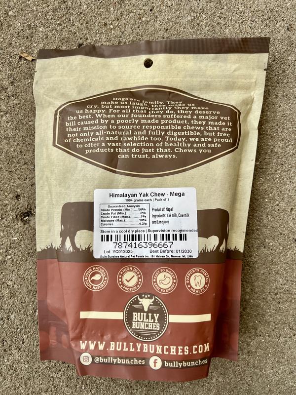 Back of the packaging of the mega size Bully Bunches Natural Dog Chews two pack.  Shows ingredients as yak milk, cow milk, and lime juice.